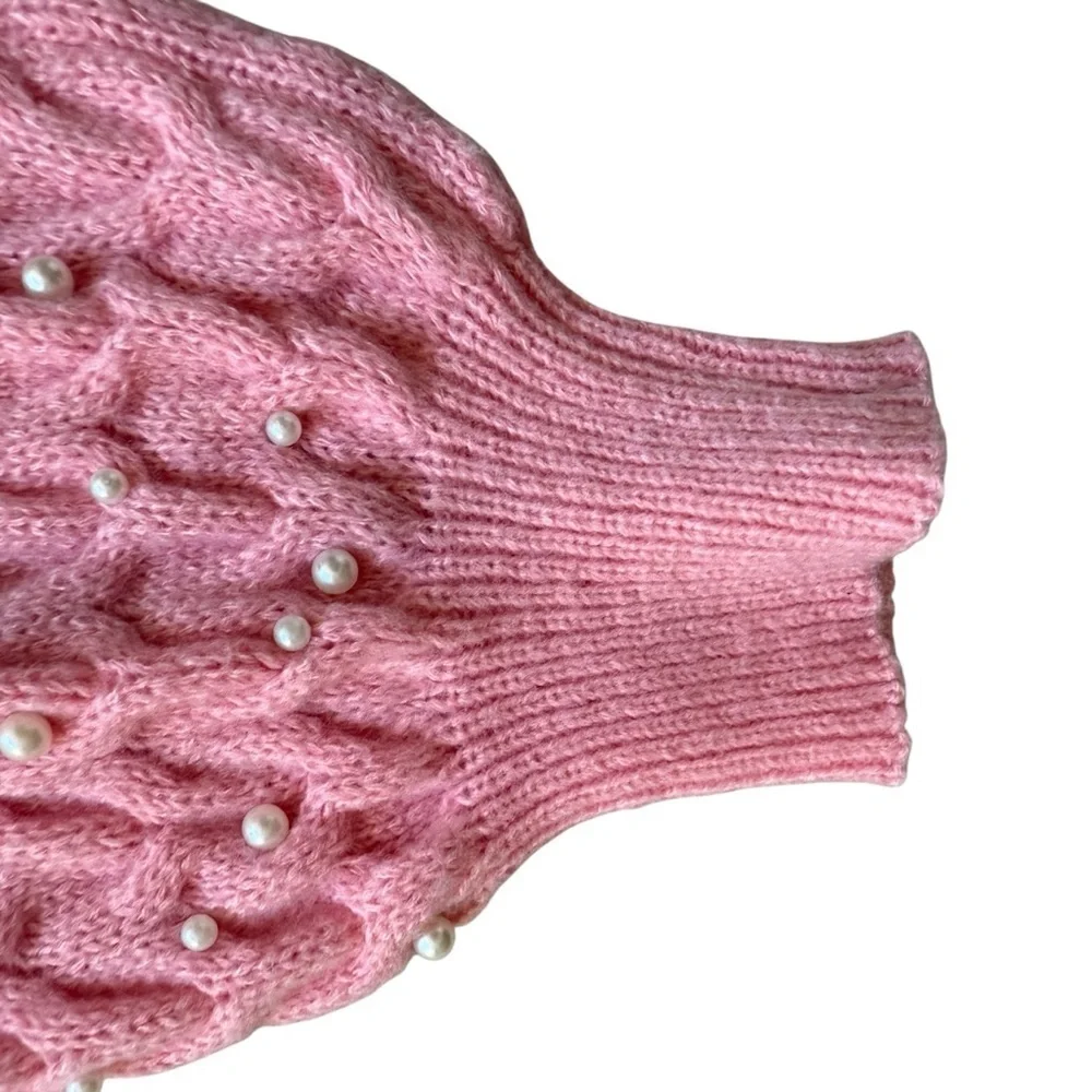 BiBi Women's Pink Pearl Beaded Cardigan Sweater Size L Balloon Sleeve Knit Cozy
